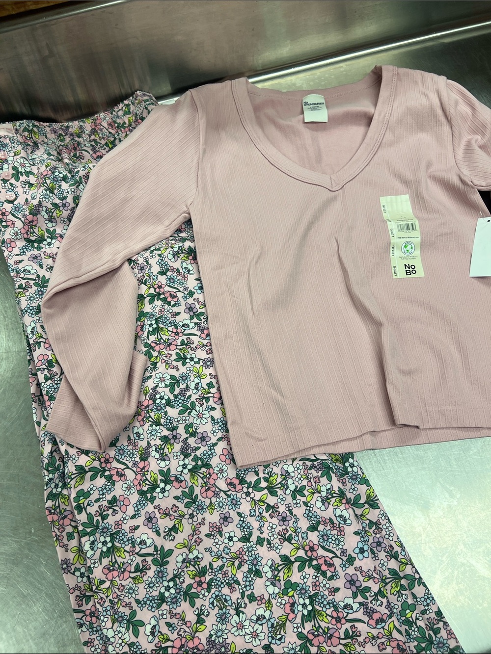 Light Pink Ribbed V-Neck Top with Joyspun Floral Sleep Pants